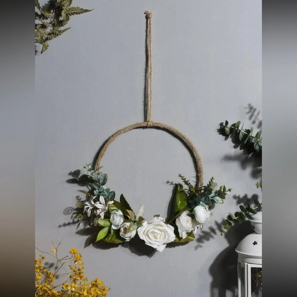 Brand NWT White Rose Floral Arrangement Round Wreath Hanging Decoration